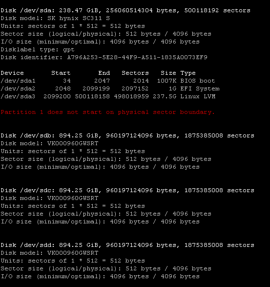 Output of fdisk -l showing disk devices, highlighting sdb, sdc, sdd as target data disks for LUKS encryption.