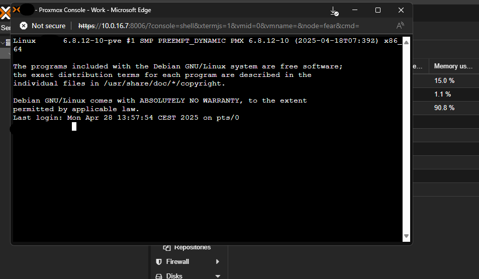 Proxmox Web UI showing Shell Console