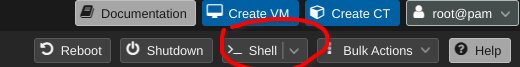 Proxmox Web UI showing Node selected and Shell button highlighted in top right.