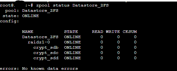 Terminal output showing zpool status ONLINE for Datastore_ZFS pool after creation.