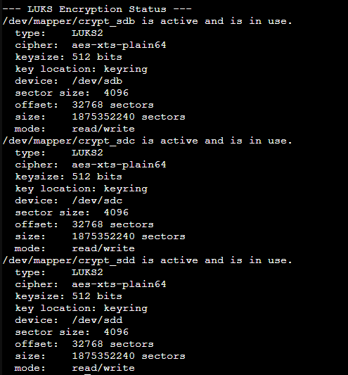 Terminal output showing zfs list and cryptsetup status confirming ZFS and LUKS setup.